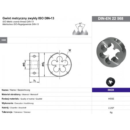 Narzynka M14 DIN EN 22568 gwint metryczny zwykły HSSE INOX FANAR N2