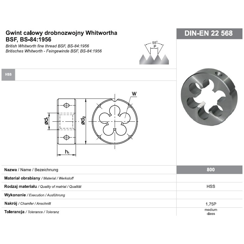 Narzynka BSF 3 8 20 DIN EN 22568 Gwint Calowy Drobnozwojny Whitwortha