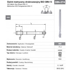 Gwintownik maszynowy wysokowydajny drobnozwojny M22x1,5 DIN-374C R40 HSSE 800 FANAR  (D2-511101-0225)