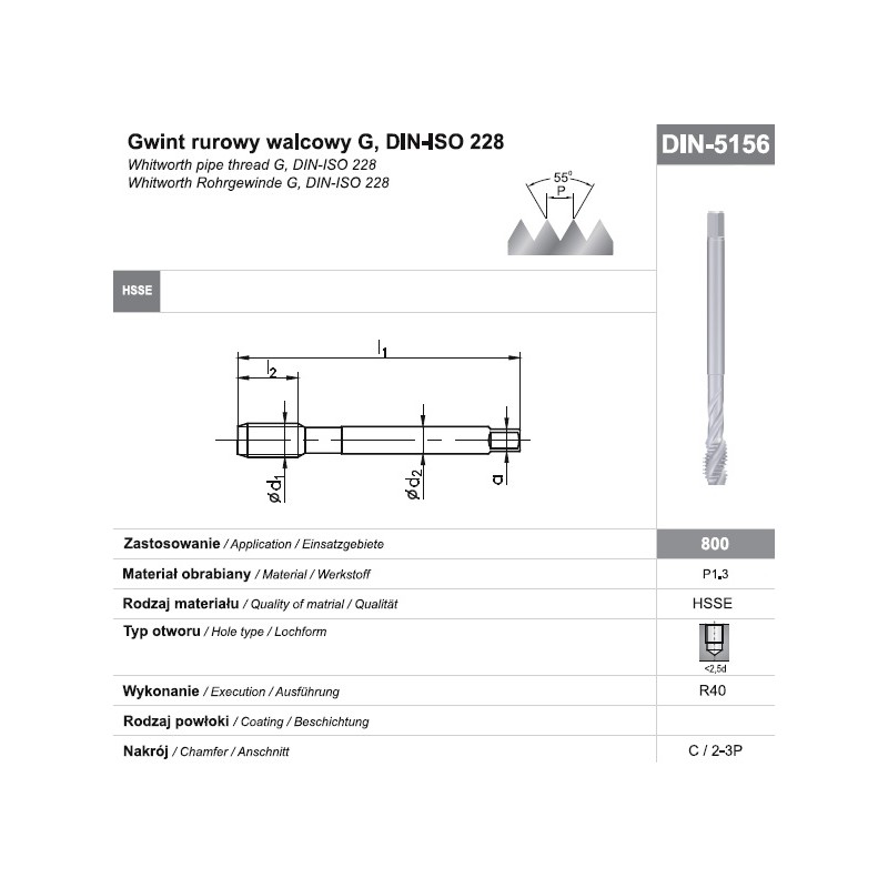 Gwintownik maszynowy wysokowydajny G 1/2" DIN-5156C R40 HSSE 800 FANAR  (D2-511101-3131)