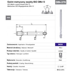 Gwintownik maszynowy wysokowydajny M12 DIN-376C R40 HSSE INOX FANAR  (D2-511801-0120)
