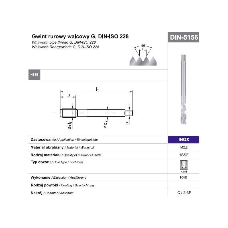 Gwintownik maszynowy wysokowydajny G 1/4" DIN-5156C R40 HSSE INOX FANAR (D2-511801-3127) Gwintownik maszynowy wysokowydajny G 1/4" DIN-5156C R40 HSSE INOX FANAR (D2-511801-3127)