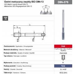 Gwintownik maszynowy wysokowydajny M12 DIN-376B HSSE-PM TICN FAN FANAR  (D4-115001-0120)
