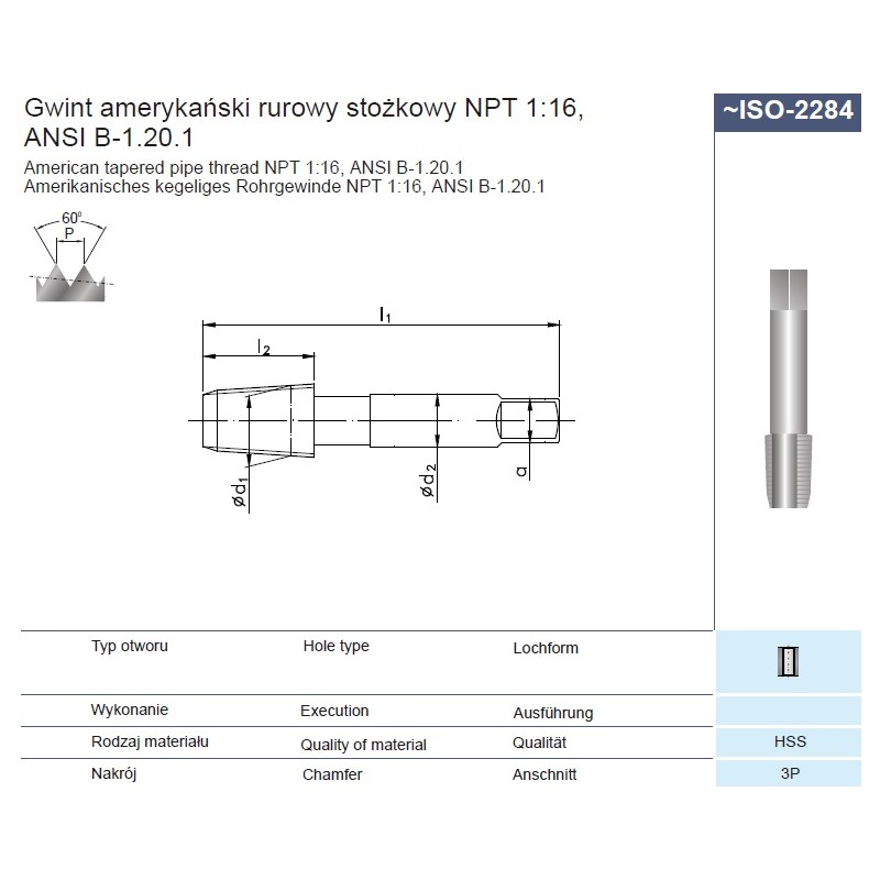 Gwintownik maszynowy ogólnego przeznaczenia NPT 1"-11.1/2 ISO-2284 HSS FANAR  (G1-121001-4639)