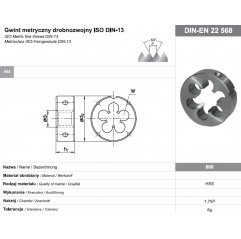 Narzynka M6x0,75 DIN-EN 22568 gwint metryczny drobnozwojny HSS 800 FANAR  (N1-121001-0062)