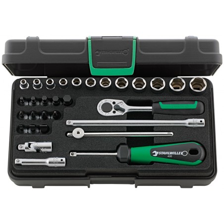 Zestaw narzędzi 1/4" 30-częściowy (12 nasadek 6-kątnych 4-14 mm+6 akcesoriów) w walizce ABS STAHLWILLE (96011138)