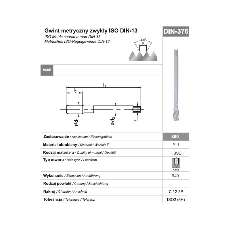 Gwintownik maszynowy wysokowydajny M18 DIN-376C R40 HSSE 800 FANAR  (D2-511101-0180)