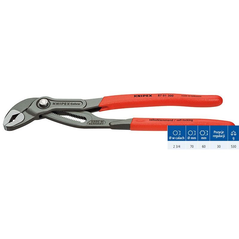 Szczypce do rur Cobra 300 mm 61 HRC 30 pozycji regulacji KNIPEX  (87 01 300)