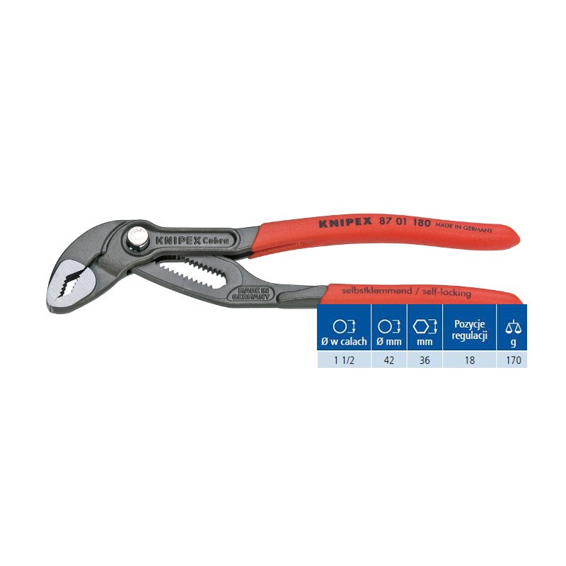 Szczypce do rur Cobra 180 mm 61 HRC 18 pozycji regulacji KNIPEX  (87 01 180)