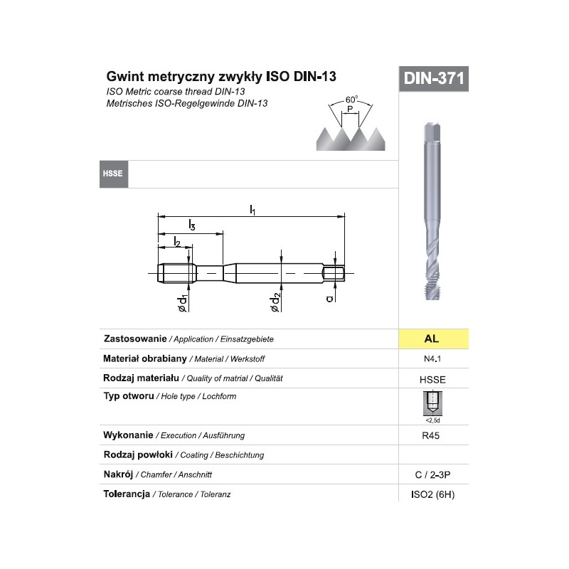 Gwintownik maszynowy wysokowydajny M3 DIN-371C R45 HSSE AL FANAR  (C2-521701-0030)