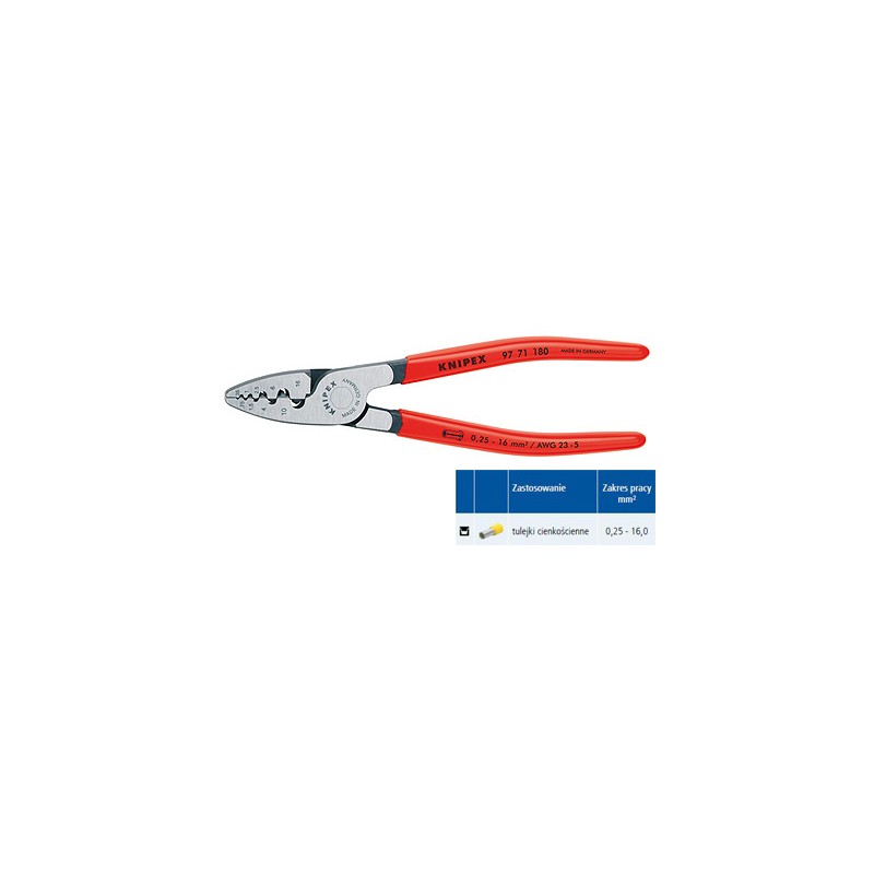 Szczypce do zagniatania tulejek kablowych zakres 0,25-16 mm2 rękojeści z tworzywa sztucznego KNIPEX  (97 71 180)