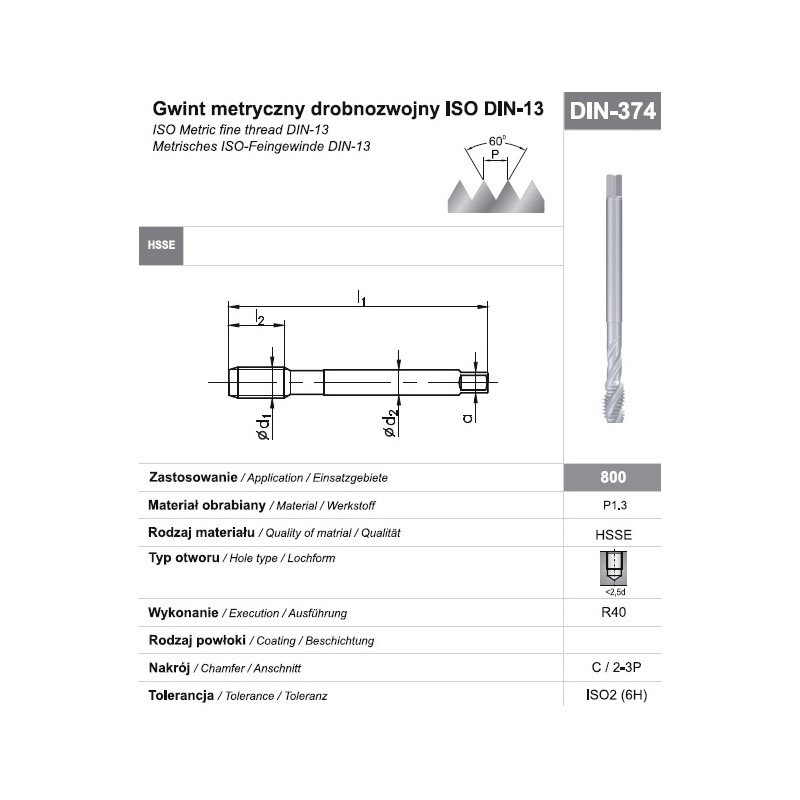 Gwintownik maszynowy wysokowydajny drobnozwojny M16x1,5 DIN-374C R40 HSSE 800 FANAR (D2-511101-0165) Gwintownik maszynowy wysokowydajny drobnozwojny M16x1,5 DIN-374C R40 HSSE 800 FANAR (D2-511101-0165)