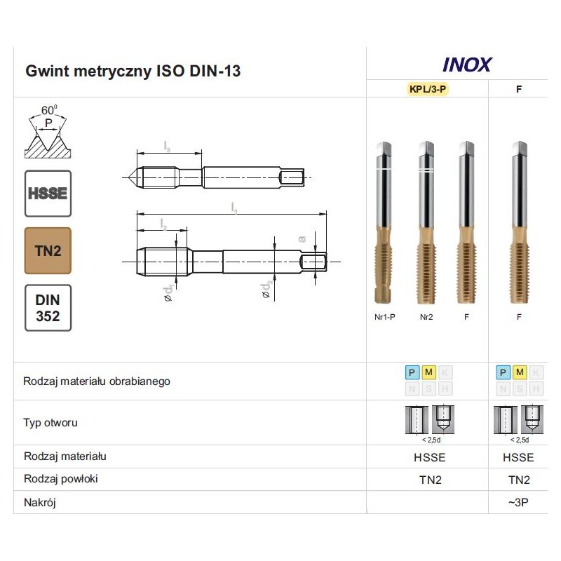 GWINTOWNIK M16 NGMM/3-P DIN-352 (6HX) HSSE TIN INOX FANAR (A2-235831-0160)