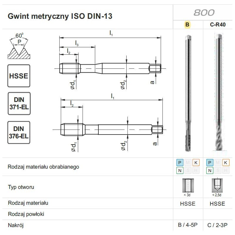 GWINTOWNIK M16 DIN-376B EL (6H) HSSE 800 FANAR (D2-111121-0160)