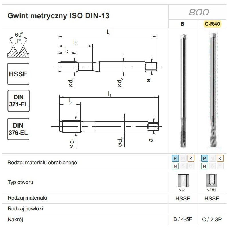 GWINTOWNIK M16 DIN-376C R40 EL (6H) HSSE 800 FANAR (D2-511121-0160)