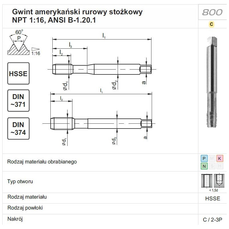 GWINTOWNIK NPT 1"-11.1/2 DIN-374C HSSE 800 FANAR (D2-121101-4639)