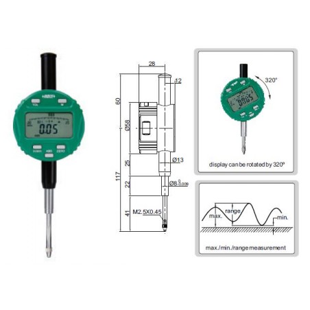 Czujnik zegarowy cyfrowy ze wskazaniem analogowym zakres 50,8 mm / 2" INSIZE  (2104-50F)