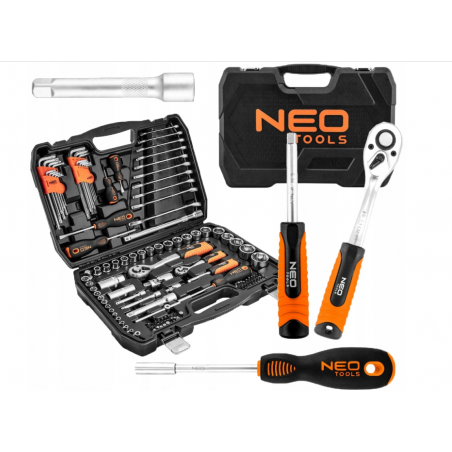 Zestaw Kluczy nasadowych 138 el. 1/2", 1/4" i płasko-oczkowych  w walizce NEO (10-208)