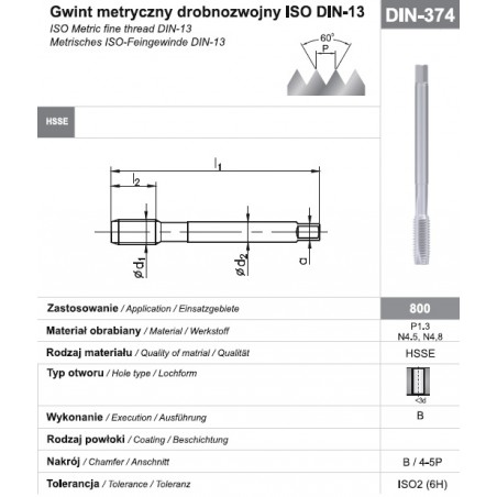 Gwintownik maszynowy wysokowydajny drobnozwojny MF M16x1,5 DIN-374B HSSE 800 FANAR  (D2-111101-0165)